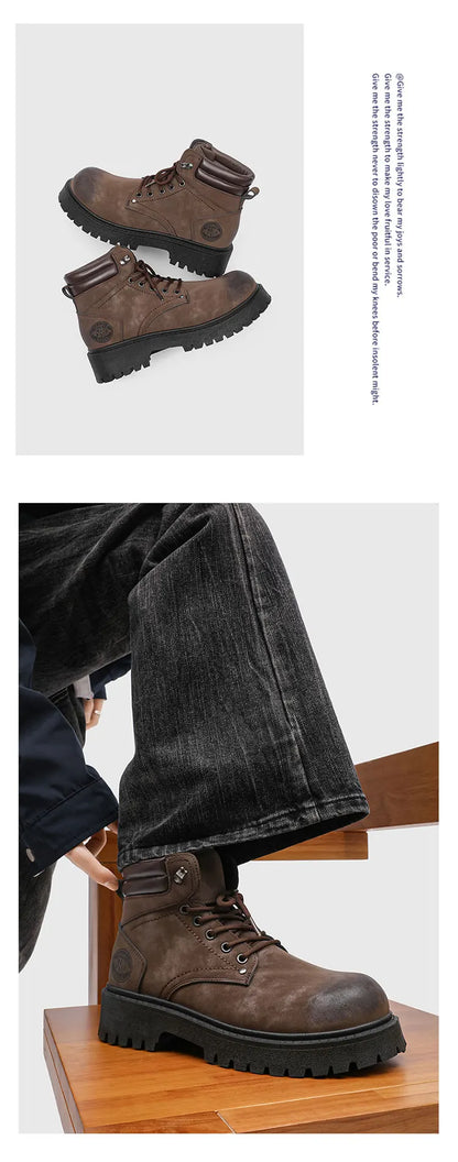 Men's Snow Boots Ankle-Height Leather Lace-Up Thick-Sole Size 39-46