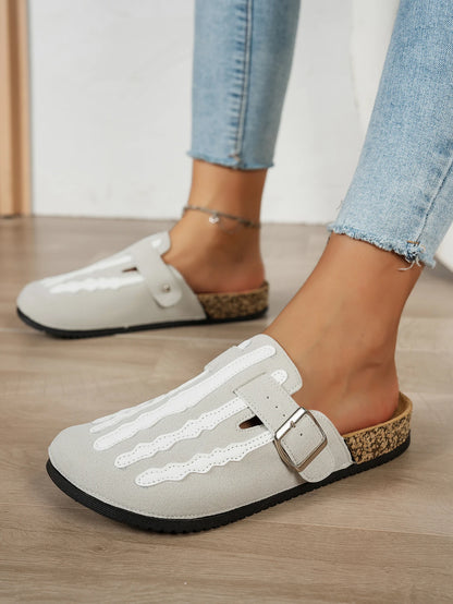 Womens Skeleton Print Slip On Sandals With Buckle Strap Closed Toe