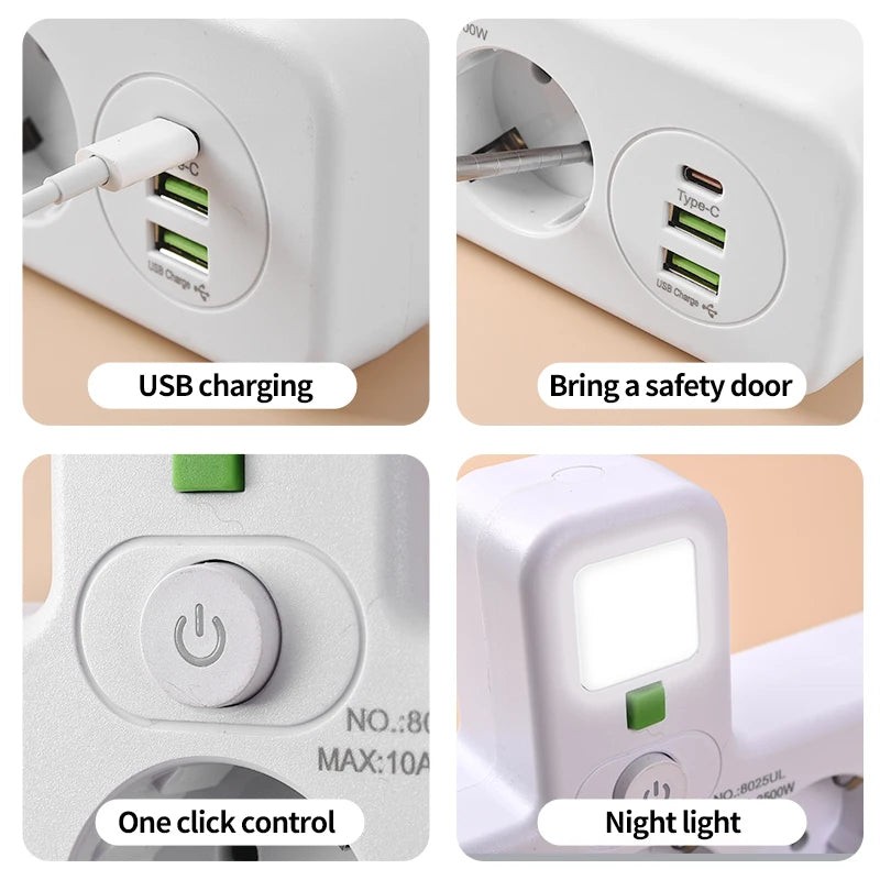 EU Plug Power Strip 4 AC Outlets 2 USB 1 Type-C Ports Two specifications Independent switch with small night light