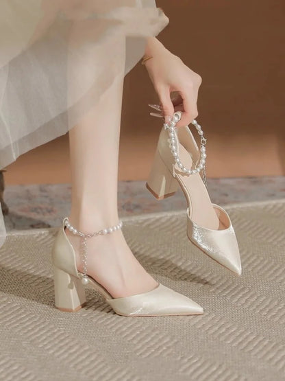Pearl-Embellished Satin Heels, 5cm Chunky Low Heel, Adjustable Ankle Strap