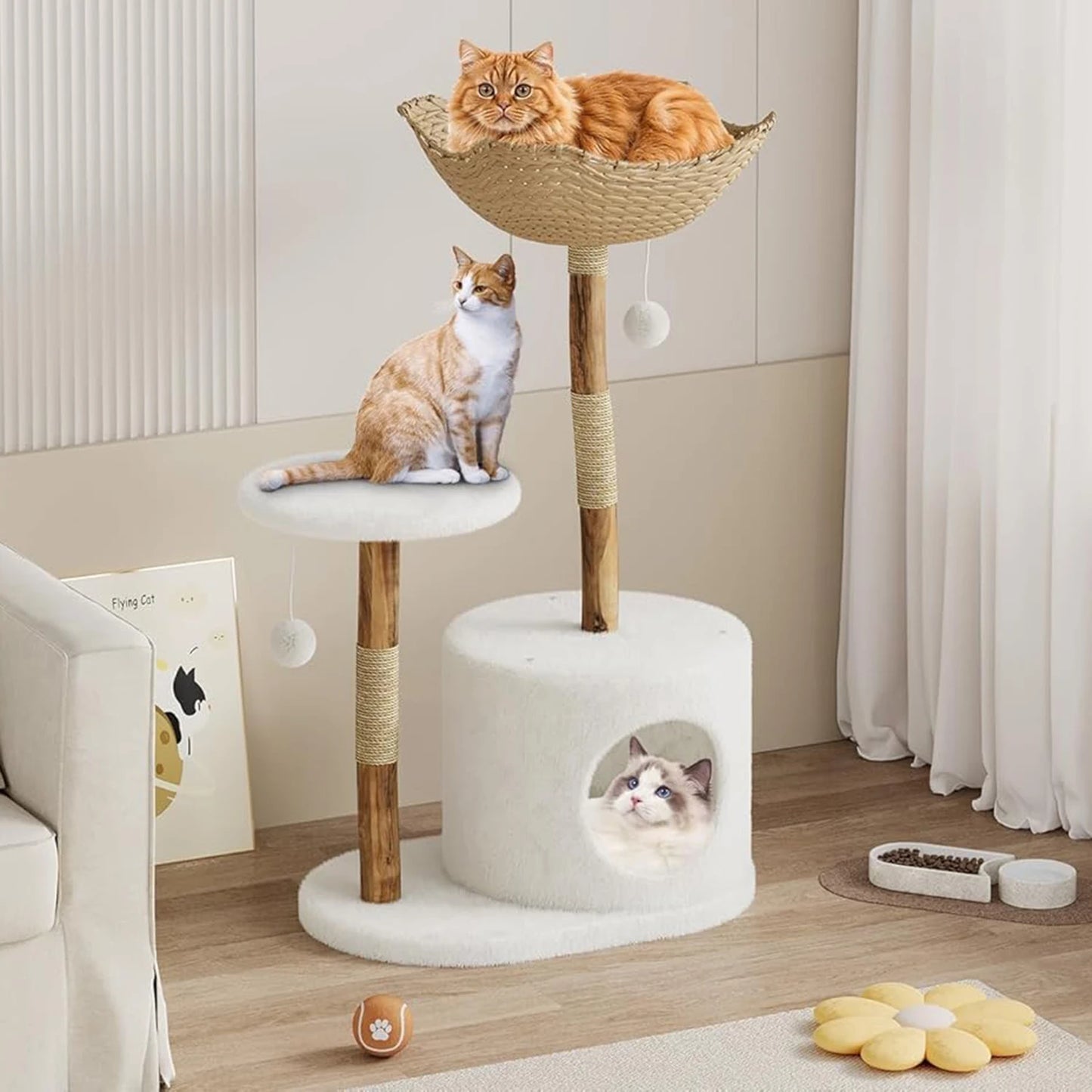 Cat Tree for Large Cats, Wood Cat Tower with Rattan Basket and Platform, Luxury Condo & Perches,Climbing Tree House for Cats