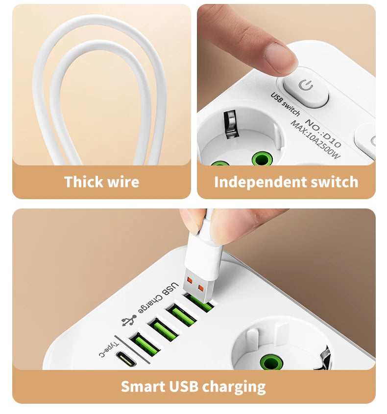 EU Plug Power Strip 6 AC Outlet Multitap Extension With 5 USB Ports 3m Cord Electrical Socket 2500W Fast Charge Surge Protector