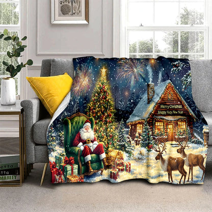 Cartoon Santa Snowman Throw Blanket Flannel Polyester Cotton