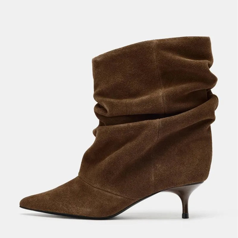 Suede Winter Women High Boots Pointed-Toe Pleated Short Boots Female Brown Retro Elegant Designer Ankle Boots Bottes Femmes