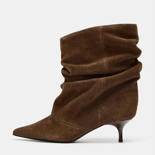 Suede Winter Women High Boots Pointed-Toe Pleated Short Boots Female Brown Retro Elegant Designer Ankle Boots Bottes Femmes