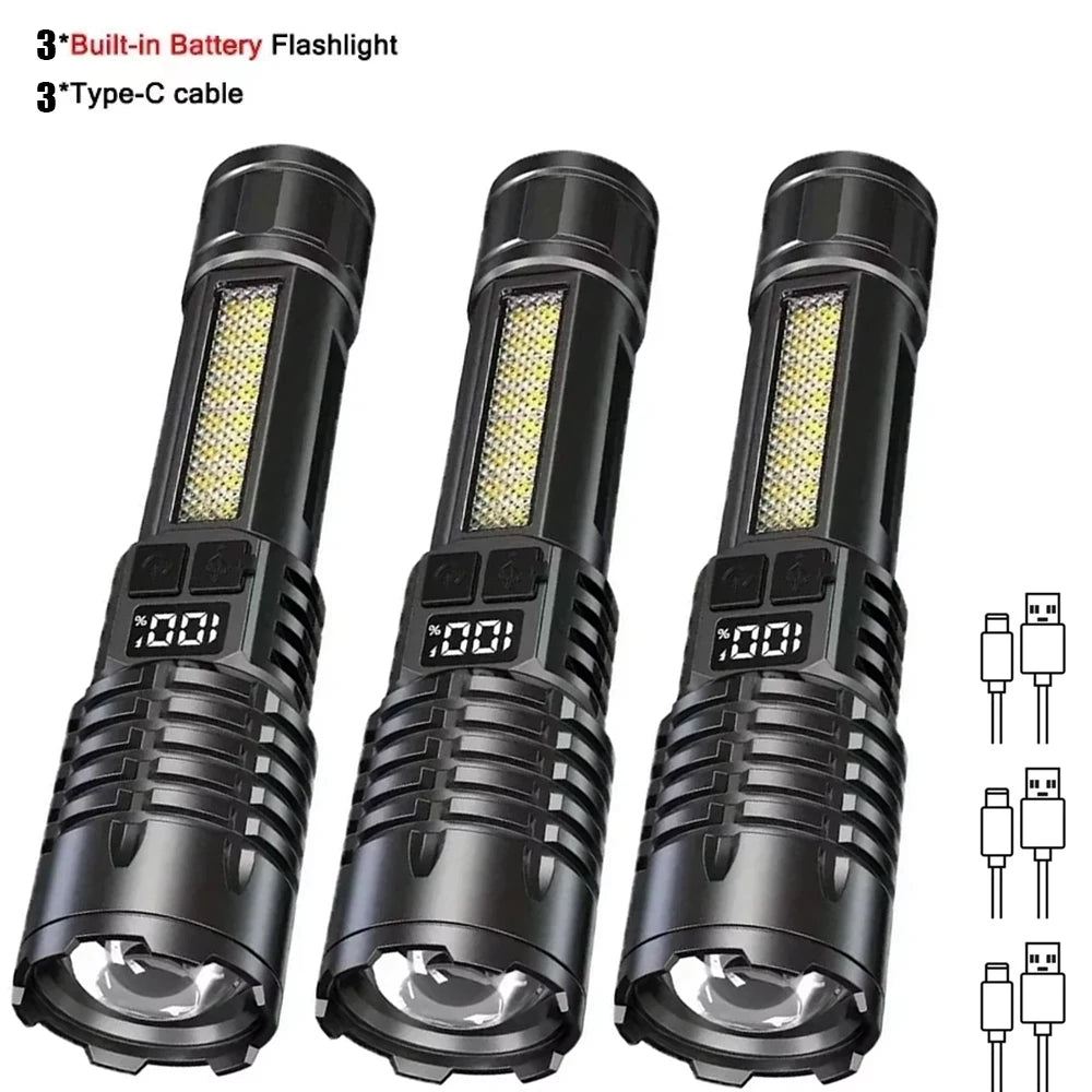 LED Flashlight ABS Type-C Rechargeable COB Torch With Side Light Black