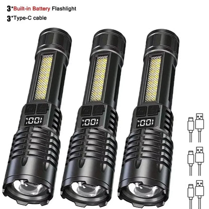 LED Flashlight ABS Type-C Rechargeable COB Torch With Side Light Black