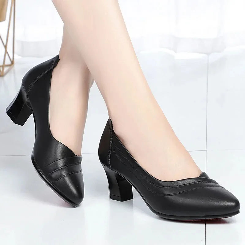 Plus Size Women's Black PU Leather Slip-On Pumps, Round Toe, Square Heel