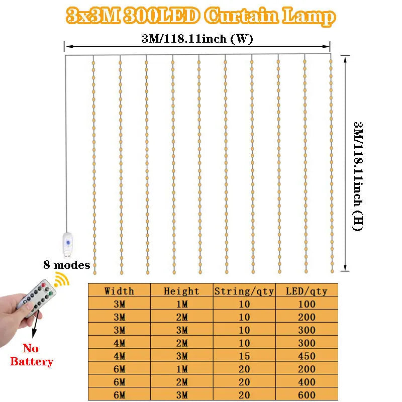 LED Curtain String Lights with USB & Remote – Home, Party, Wedding Decoration