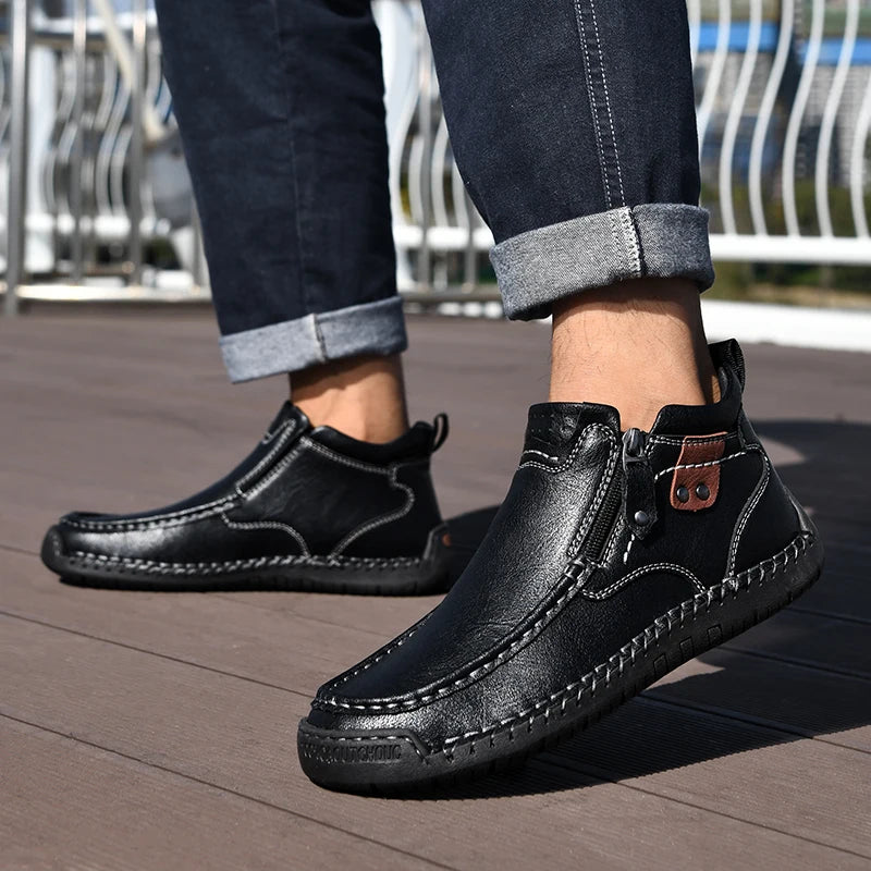 Leather Men Ankle Boots Slip On With Zipper Casual Breathable
