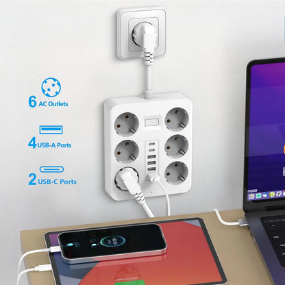 Wall Socket Extender 6 Outlets 4 Usb 2 TypeC Eu Plug Master Switch