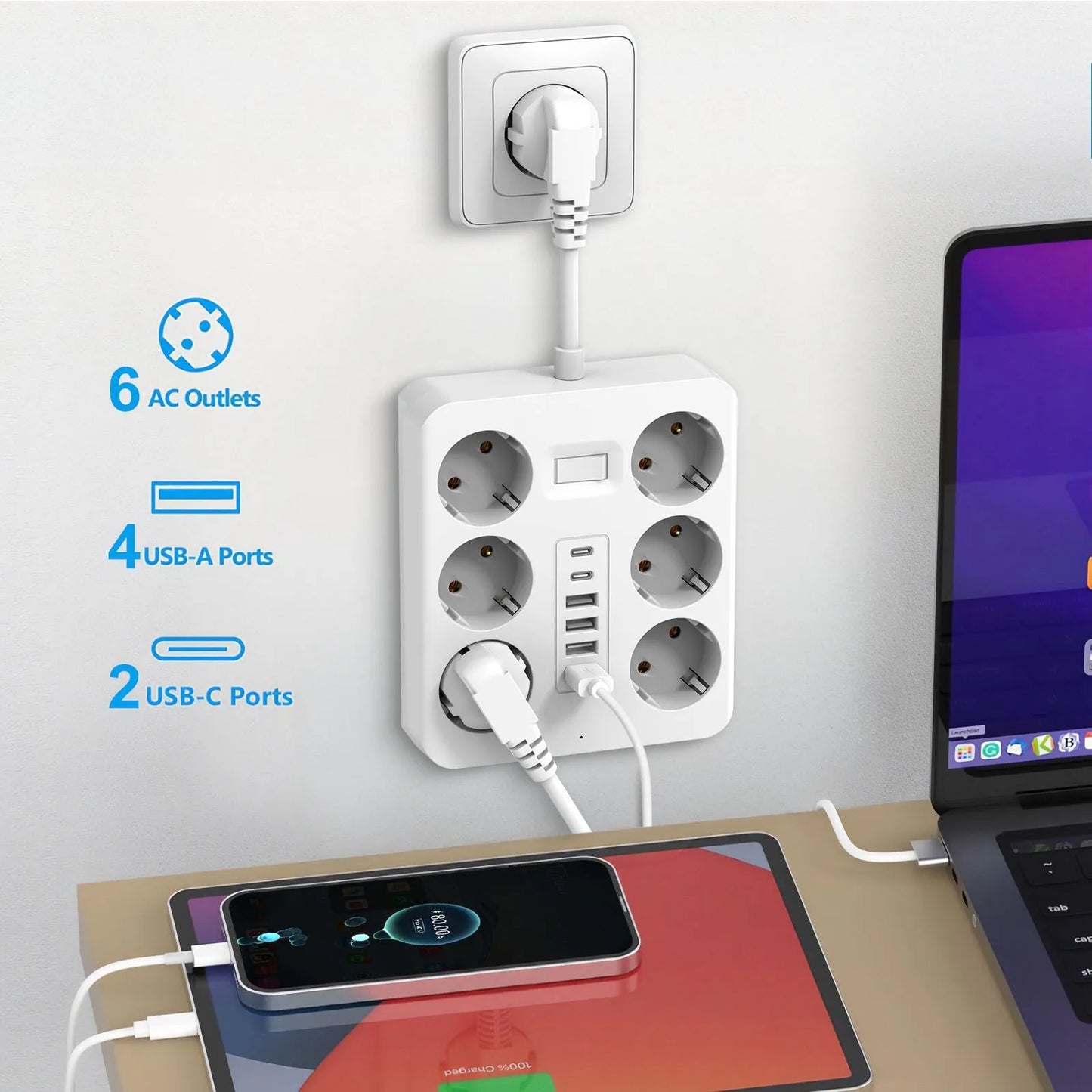 Wall Socket Extender with 6 AC Outlets 4 USB Ports 2 Type-C EU Plug Charger Electrical Switch For Home Power Strip Socket