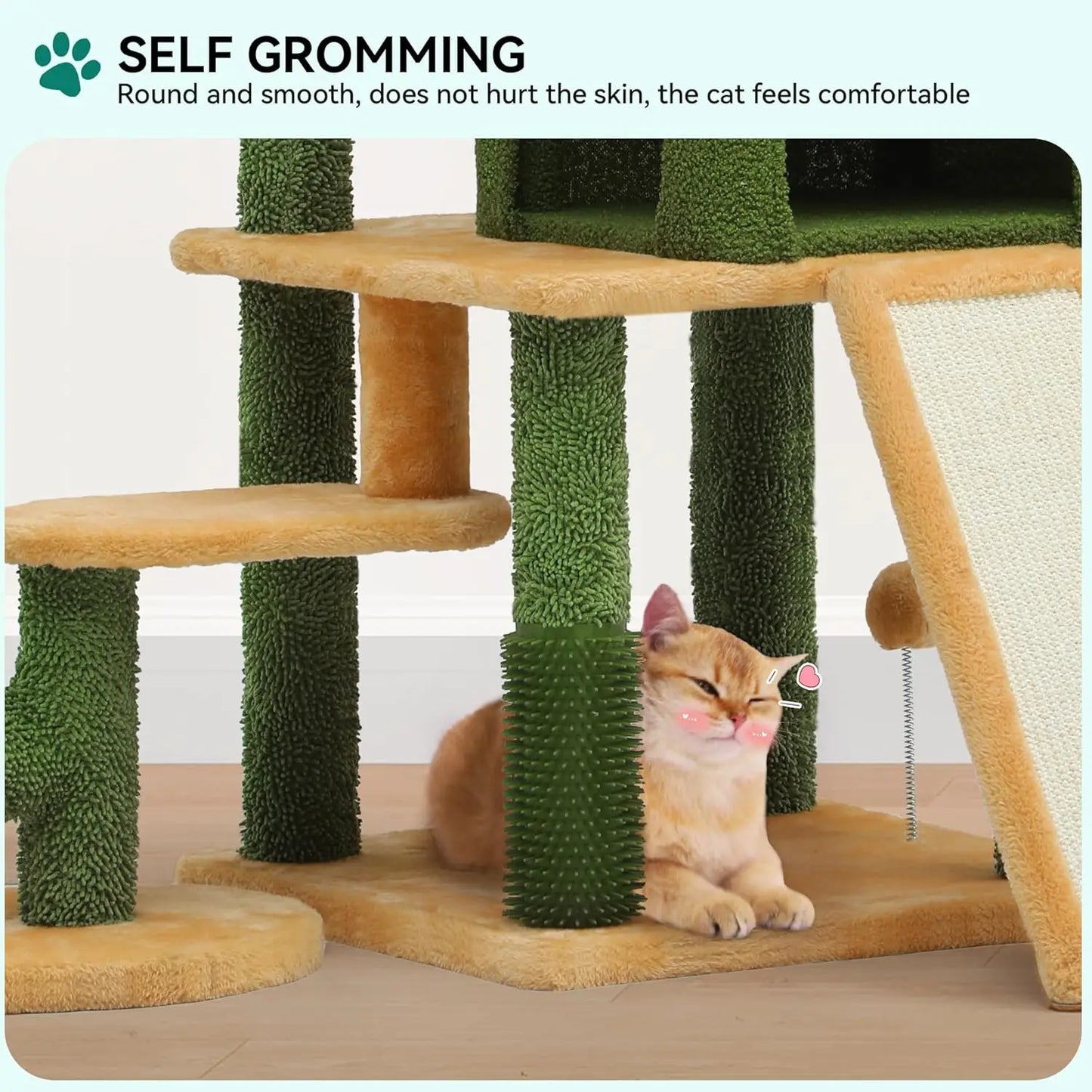 60in Tall Cactus Cat Tree Tower with Self-Grooming Brush, Climbing Condo, Perch, Basket, Scratching Posts for Indoor Cats