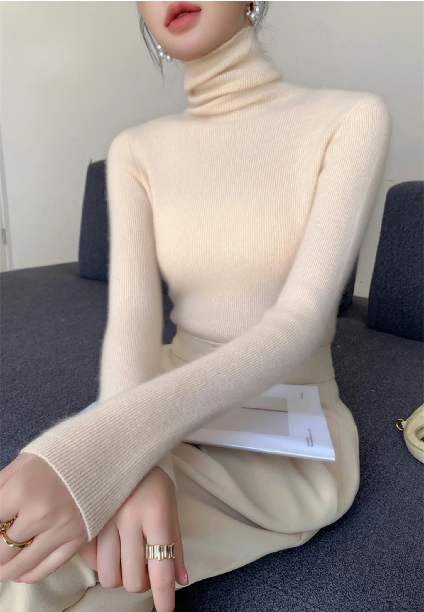 Women Long Sleeve Knitted Pullover Solid Casual Slim Sweater 2025 Autumn Winter Turtleneck Warm Jumper Simple Base Layer Top