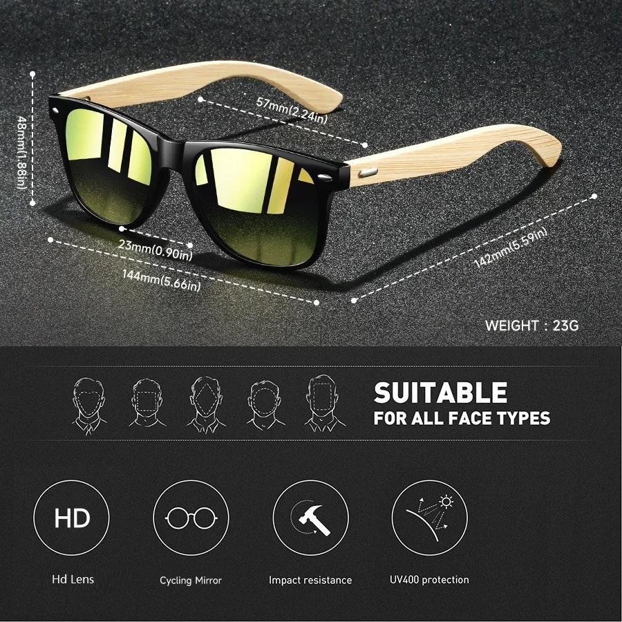 Fashion Bamboo Wood Vintage Square Sunglasses Wooden Men Women Luxury Brand Designer Sun Glasses Driving Fishing UV400 Eyewear