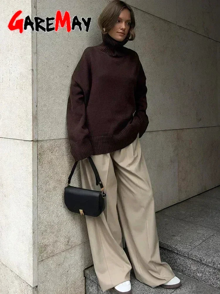 Women's Oversized Turtleneck Knitted Sweater Regular Length Soft Knit