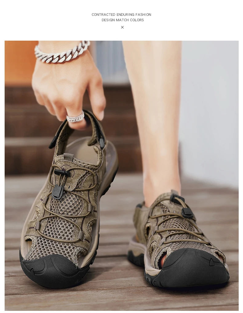 Genuine Leather Men's Sandals With Hook and Loop Closure