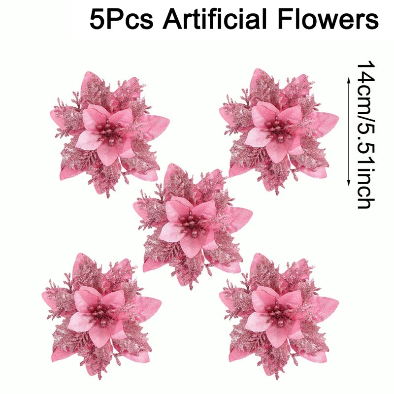 Artificial Pink Christmas Flowers – Xmas Tree Toppers for Home & Holiday Decor