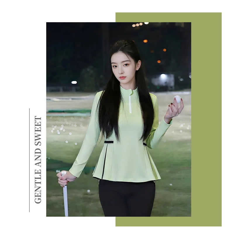 2025 New Golf Shirt Women Long Sleeve Zipper Collar T-Shirt Ladies Slim Pleated Golf Tops Breathable Casual Tennis Sportswear