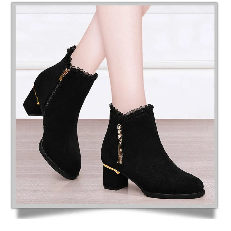 2025 New British Style Winter Boots Women - Round Toe Tassel Furry Lined Mid Heel Ankle Boots Diamond Decor Zip Side