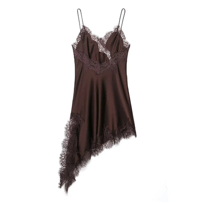 Women Backless Lace Splicing Mini Dress Sleeveless Solid Asymmetrical Polyester