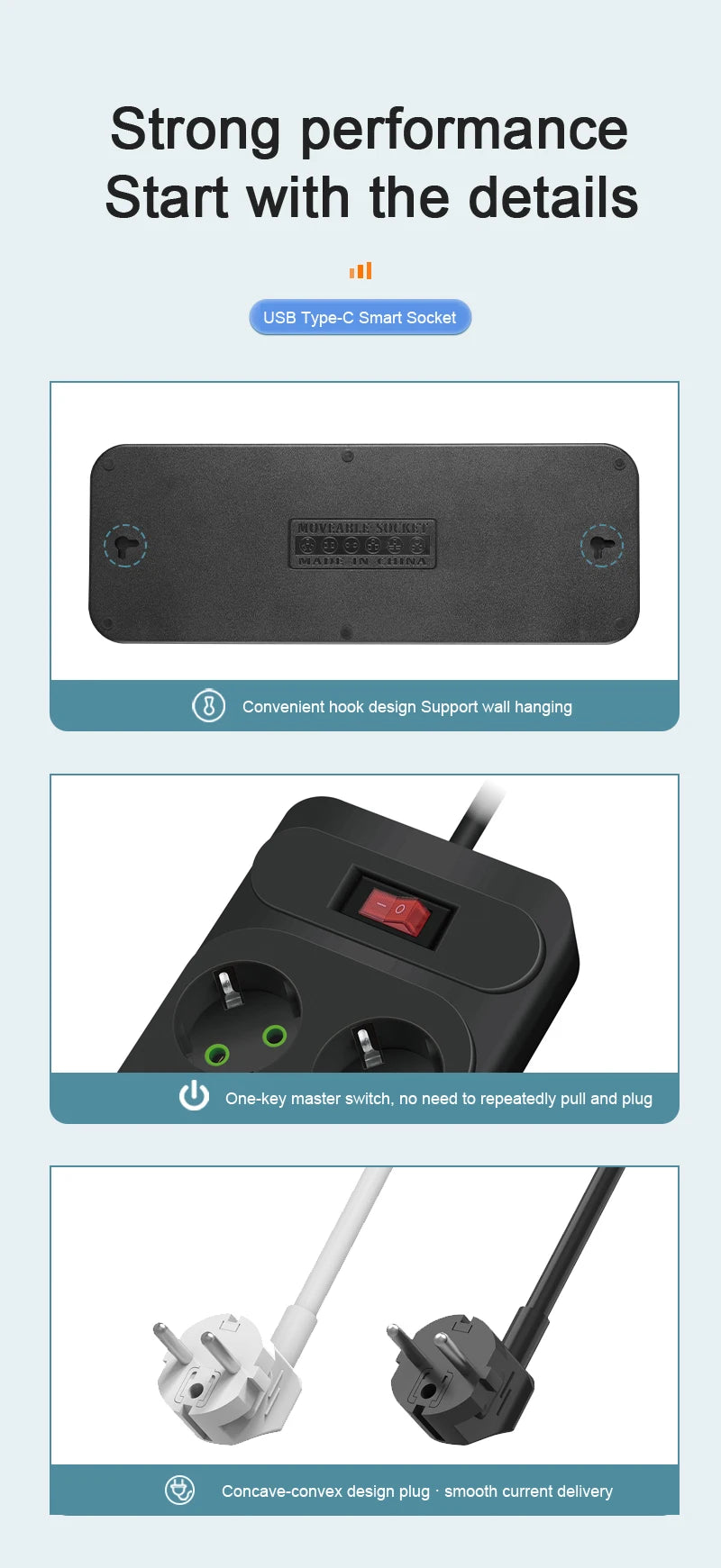 EU Plug 3-Outlet Power Strip With USB Surge Protector 2m Extension Cord Plastic