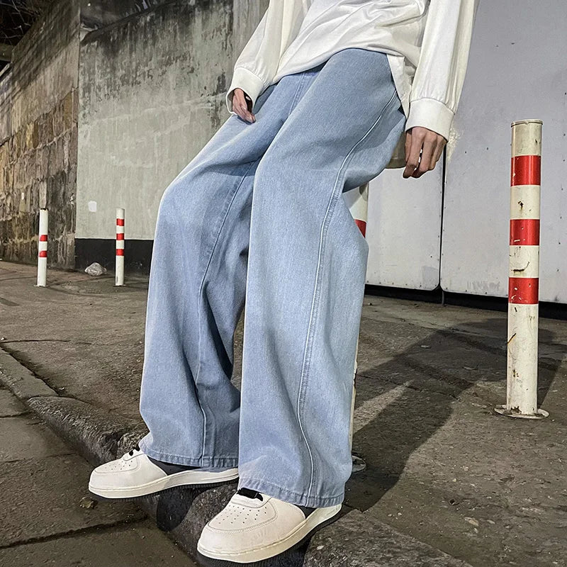 Mens Loose Streetwear Jeans Straight Wide Leg Black Or Light Blue