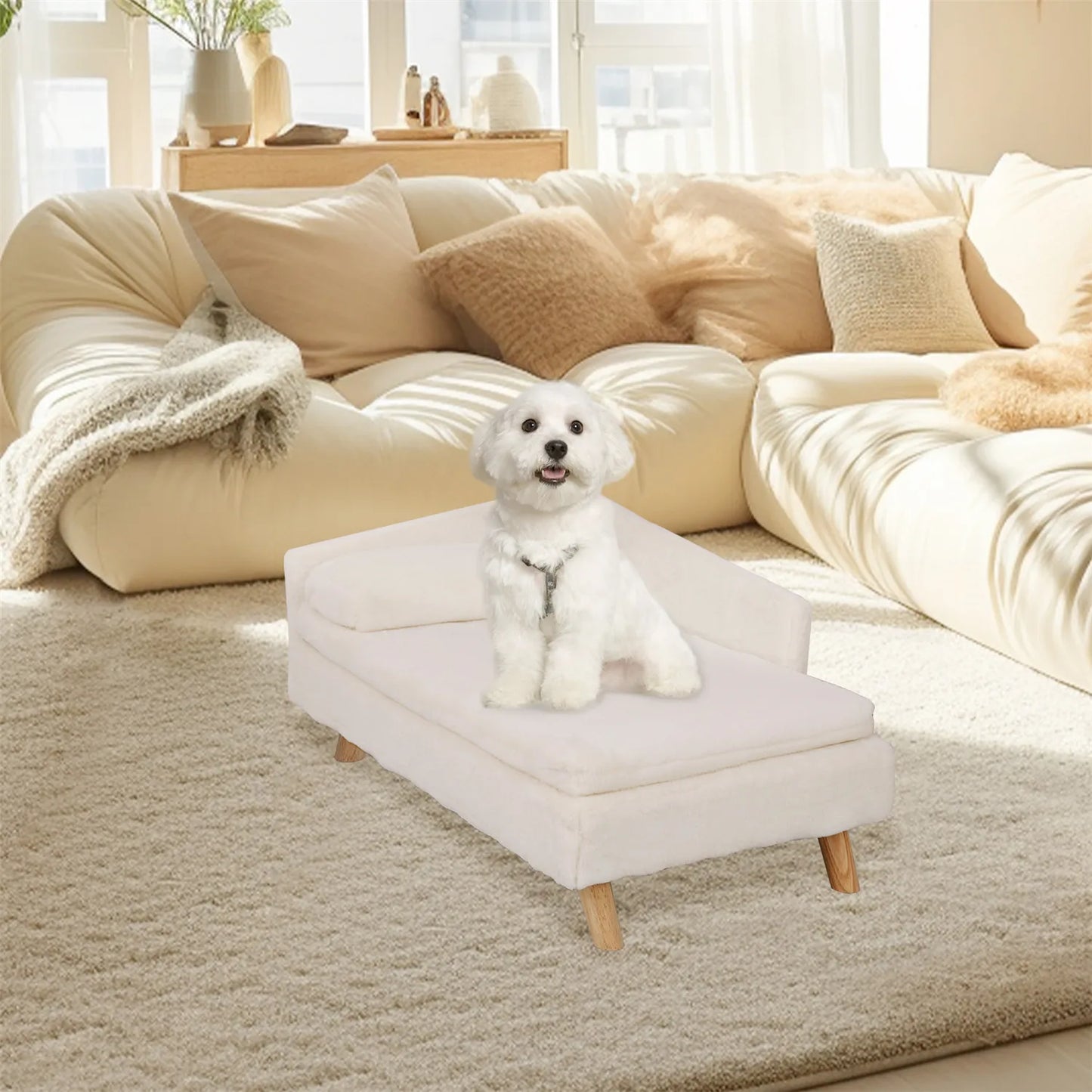 Elevated Pet Bed – Nordic Wooden Stool Bed with Cozy Pad, Waterproof Pet Sofa