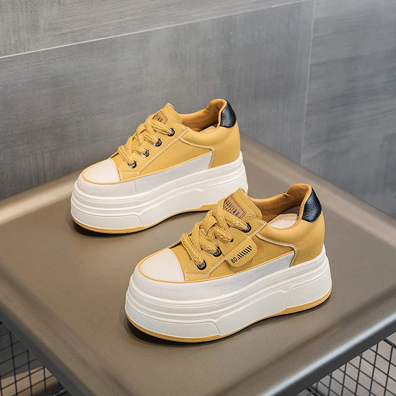 Fujin 9cm 3 inch comfortable platform sneakers for women Genuine Leather Women Vulcanized Shoes Platform High Heels Casual Shoes