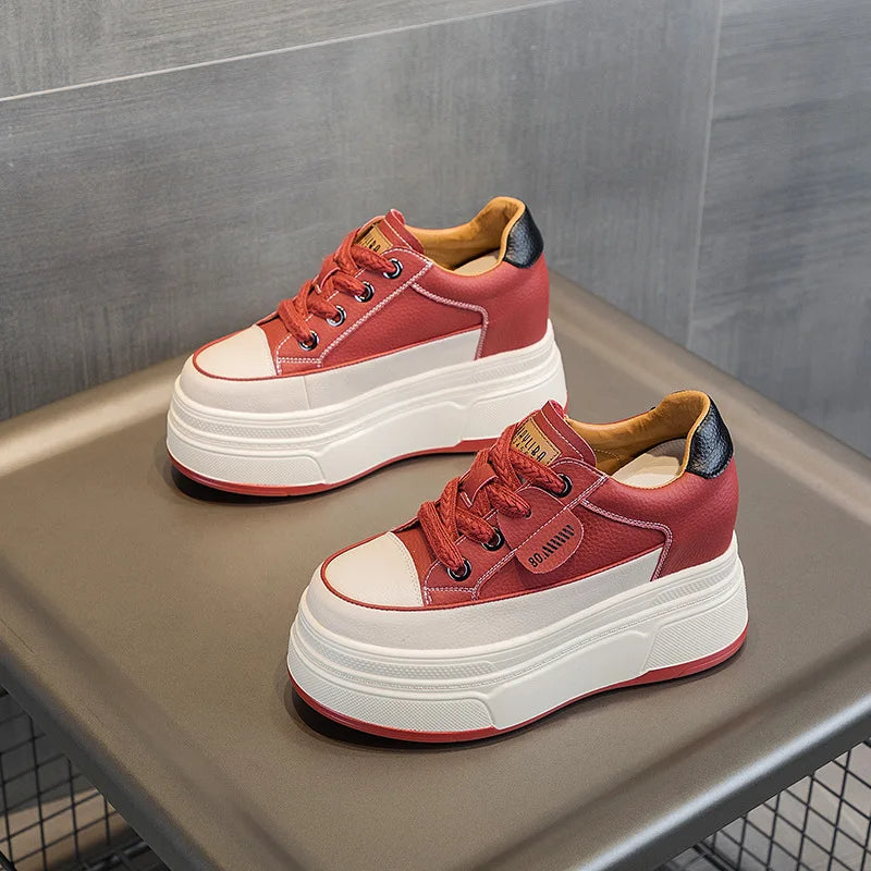 Fujin 9cm 3 inch comfortable platform sneakers for women Genuine Leather Women Vulcanized Shoes Platform High Heels Casual Shoes