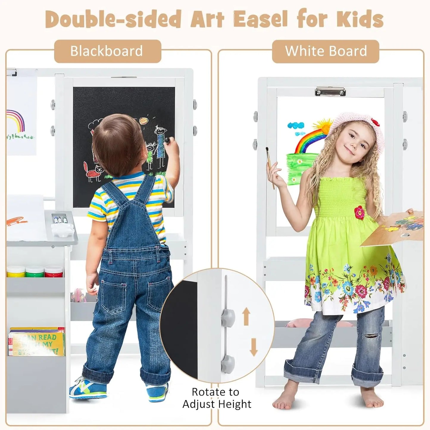 3-in-1 Adjustable Kids Art Table & Chair Set with Dual-Sided Easel, Paper Roll & Storage for Drawing & Play