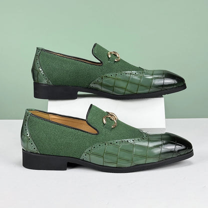 Mens Green Leather Dress Shoes, Slip-On, Pointed Toe, Non-Slip