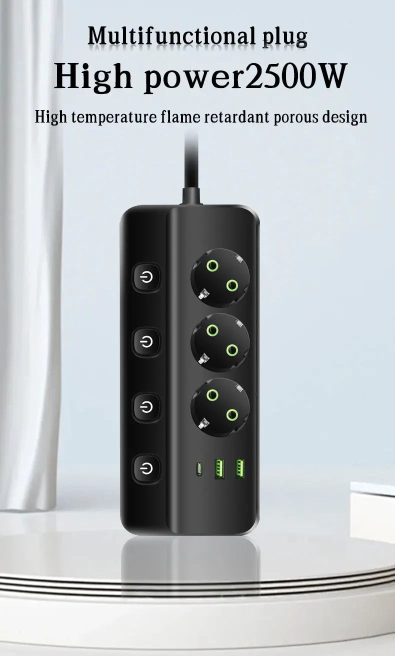 EU Plug Electrical Socket with 3/5 AC Outlets 2 USB Ports + 1 Type C 6/8-in-1 Plug Socket Adapter 2M Power Strip for Home Office