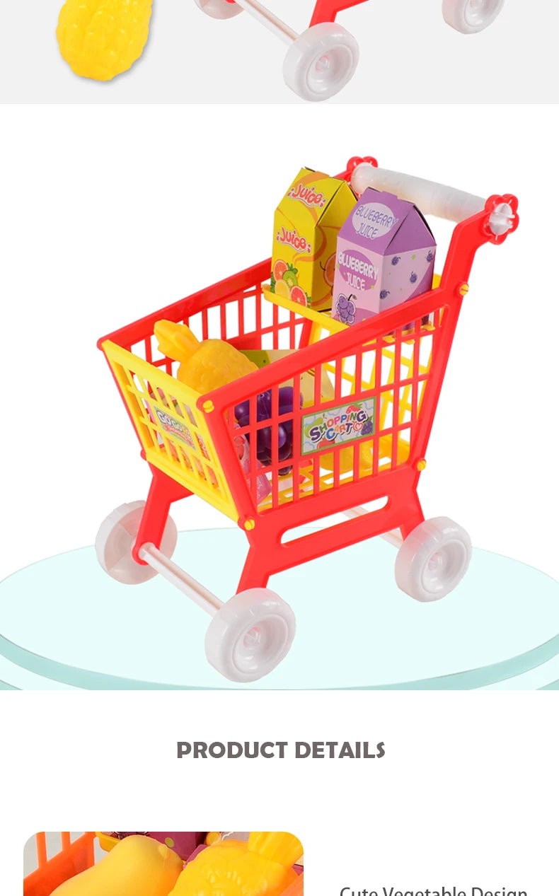 Shopping Cart Toys, Trolley for Groceries Supermarket Playset Fruit Vegetables Play Food Role Kitchen Store Toys for 3+ Kids