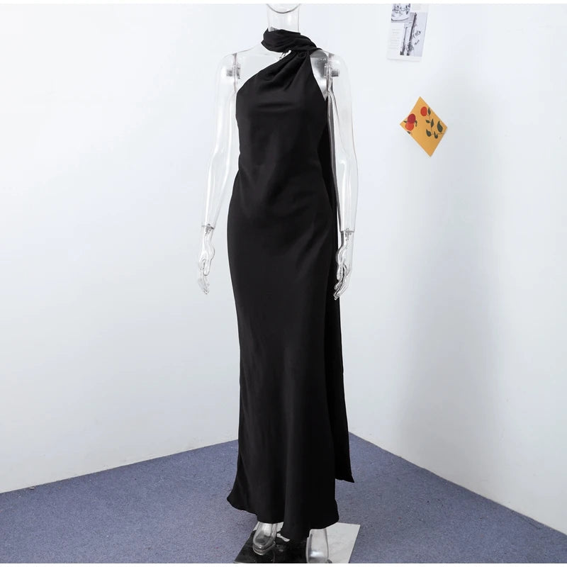 Sexy Satin Ribbon Party Dress Women Elegant Halter Backless Off Shoulder Sleeveless Female Dresses 2024 Summer Solid Robe Gown