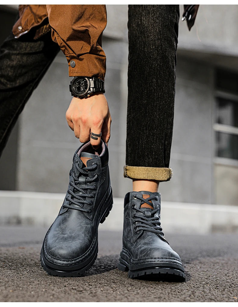 Men's Winter Snow Boots Leather Plush Lining Ankle High Lace Up