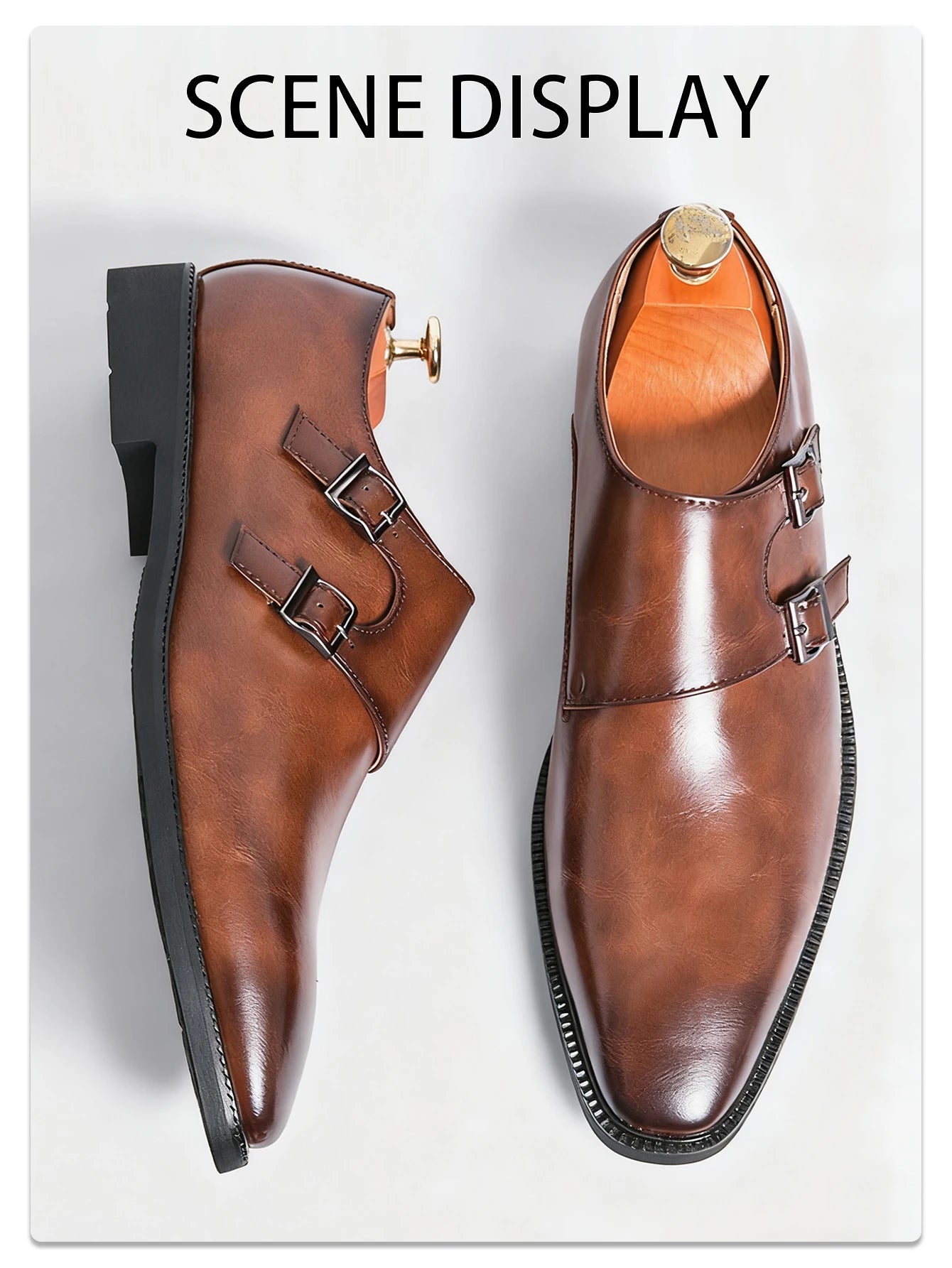 Men's Leather Monk Strap Pointed Toe Oxford Shoes With Buckle