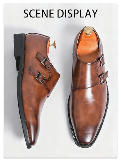 Men's Leather Monk Strap Pointed Toe Oxford Shoes With Buckle
