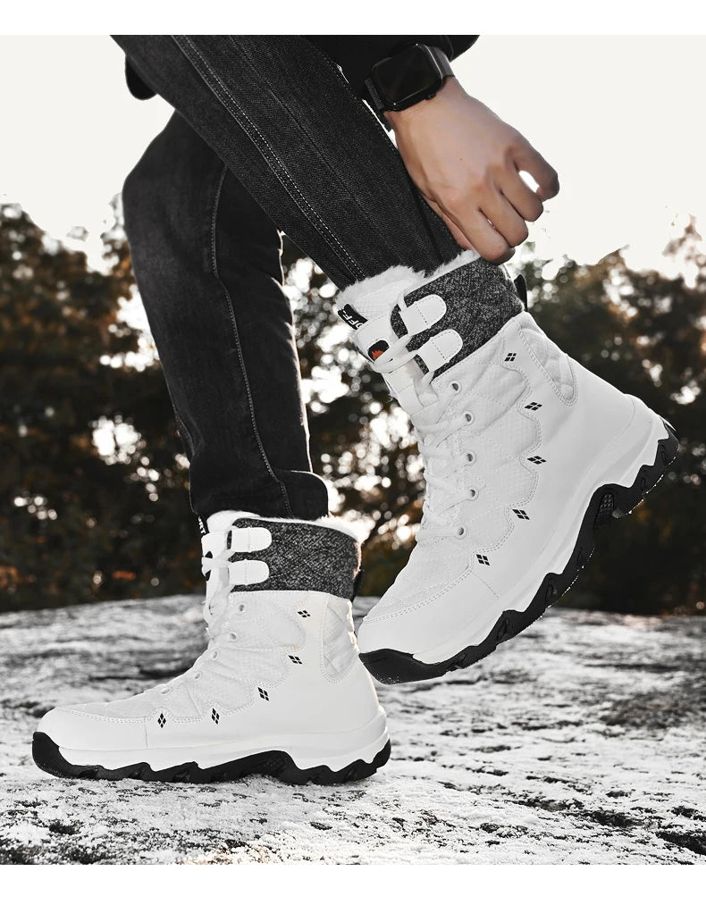 Men's Winter Snow Boots Leather Waterproof Mid-Calf Plush Lining Lace-Up