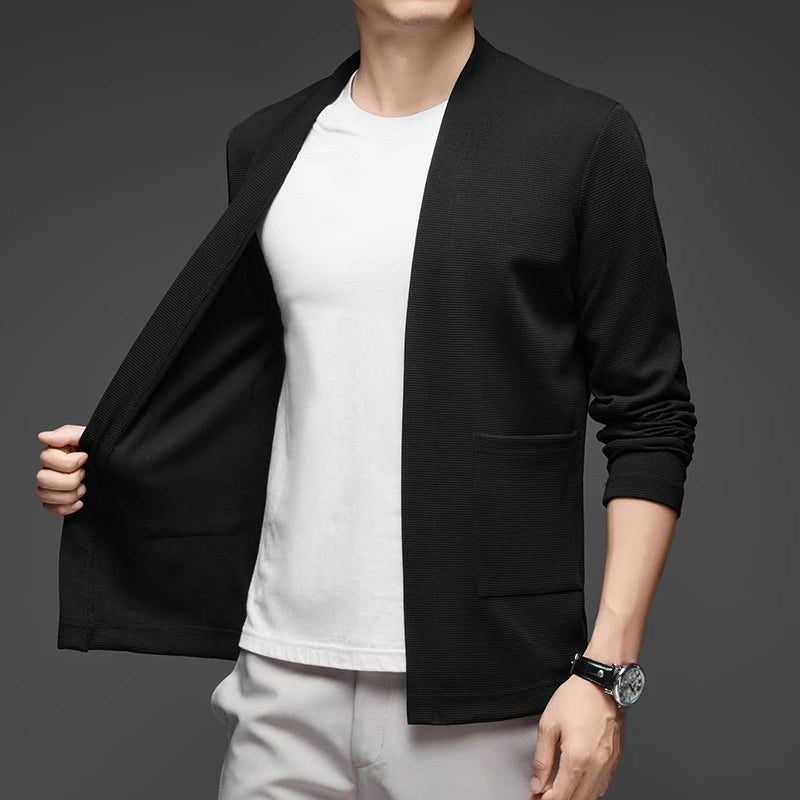 New Men's Business Casual Long Sleeved Solid Color Cloak Jacket Knitted Comfortable and Fashionable All Season Versatile Top