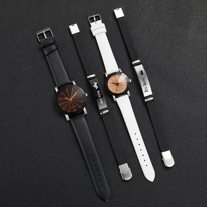 4 Pcs Set Fashion Couple Sports Watch Quartz Watch Luxury Leather Bracelet