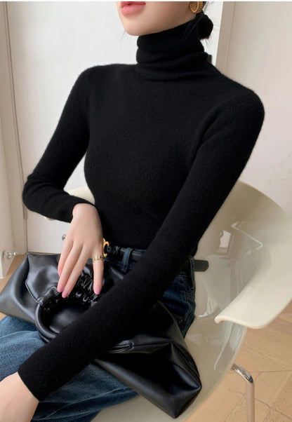 Women's Turtleneck Knit Pullover Sweater, Slim Fit, Long Sleeve, Solid