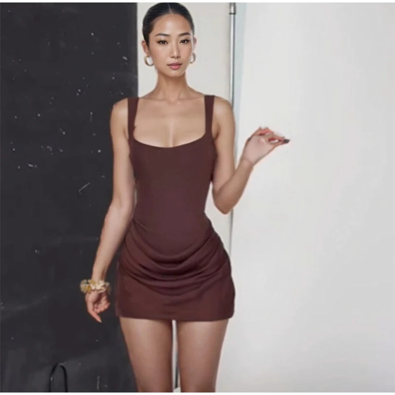 Women Square-neck Halter Mini Dress Sexy Pleated Sleeveless Backless High Waist Bodycon Dresses 2025 New Summer Lady Party Robes