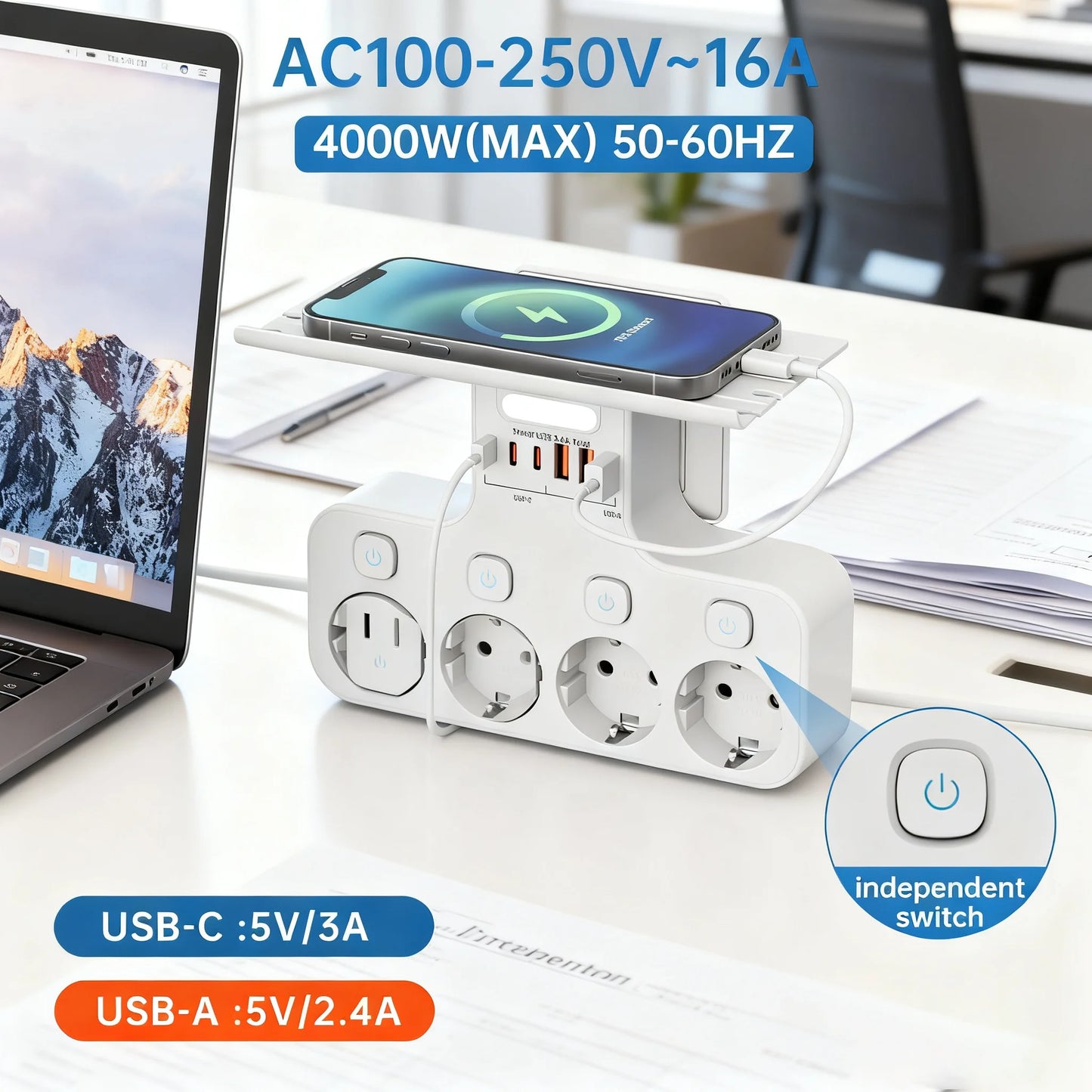 EU Multi-Function Power Strip,4000W Wall Mounted Independent Switches Socket ,Sensor Night Light, 3USB-C 3USB-A Ports Charging