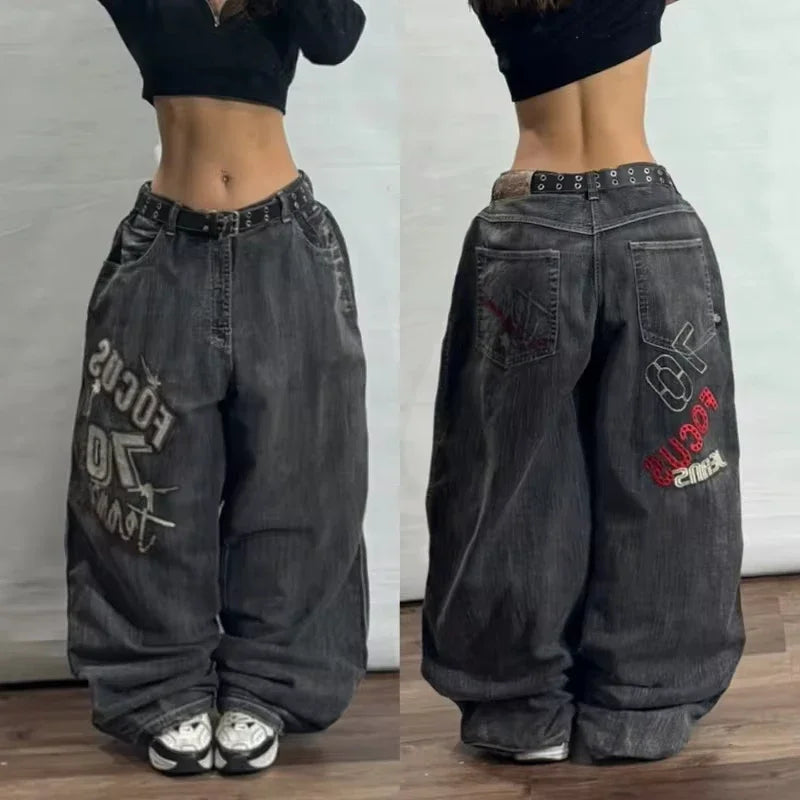 American Fashion Trend Joker Pattern Embroidered Loose Jeans Women Street Y2K New Hip Hop Oversized Wide-leg Pants Unisex Jeans