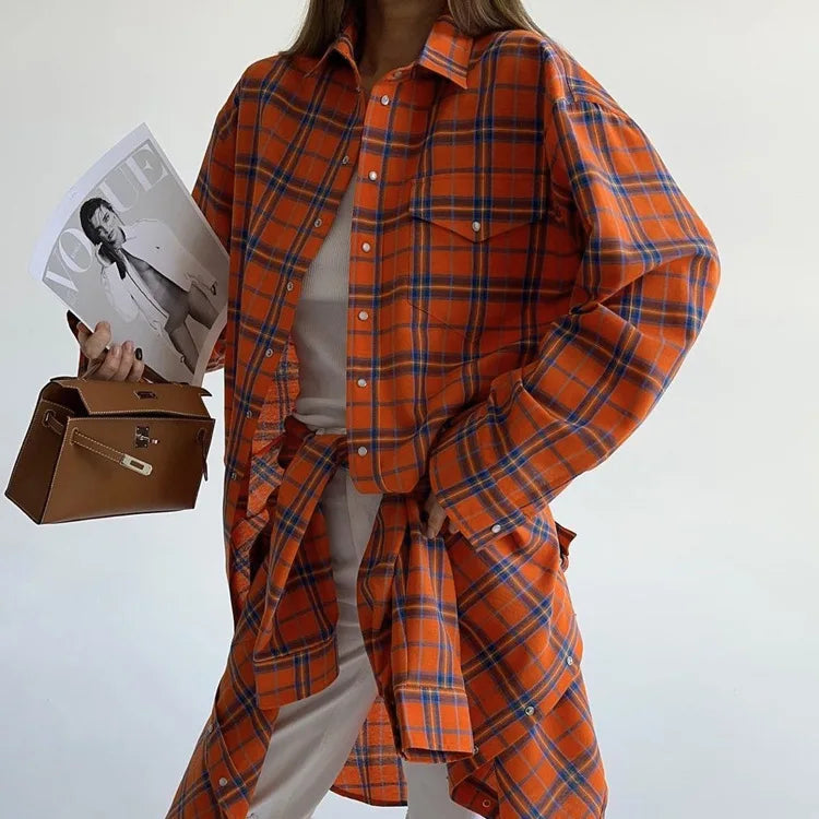 Oversized Plaid Shirt For Women Long Sleeve Button-Down Korean Style