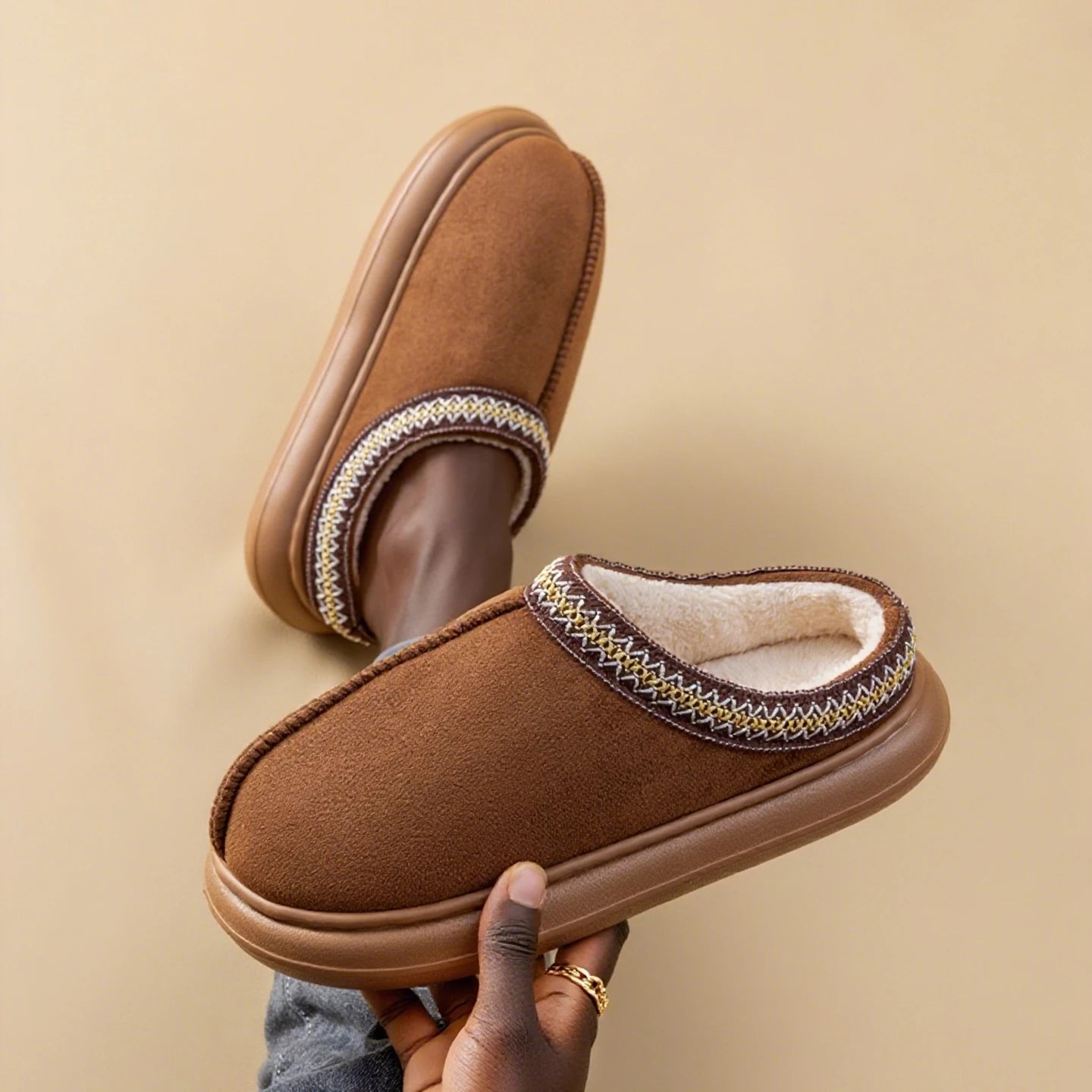 Mens Plush Fleece Lined Slippers With Thick EVA Sole Indoor Outdoor Non Slip