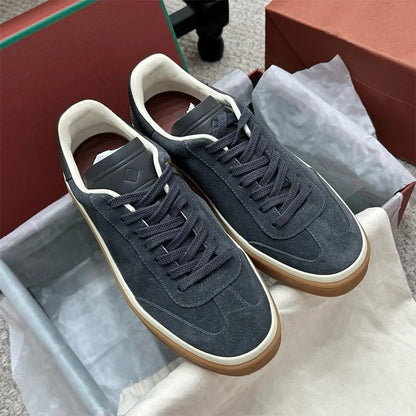 Men's Genuine Leather Lace Up Round Toe Trainer Shoes White