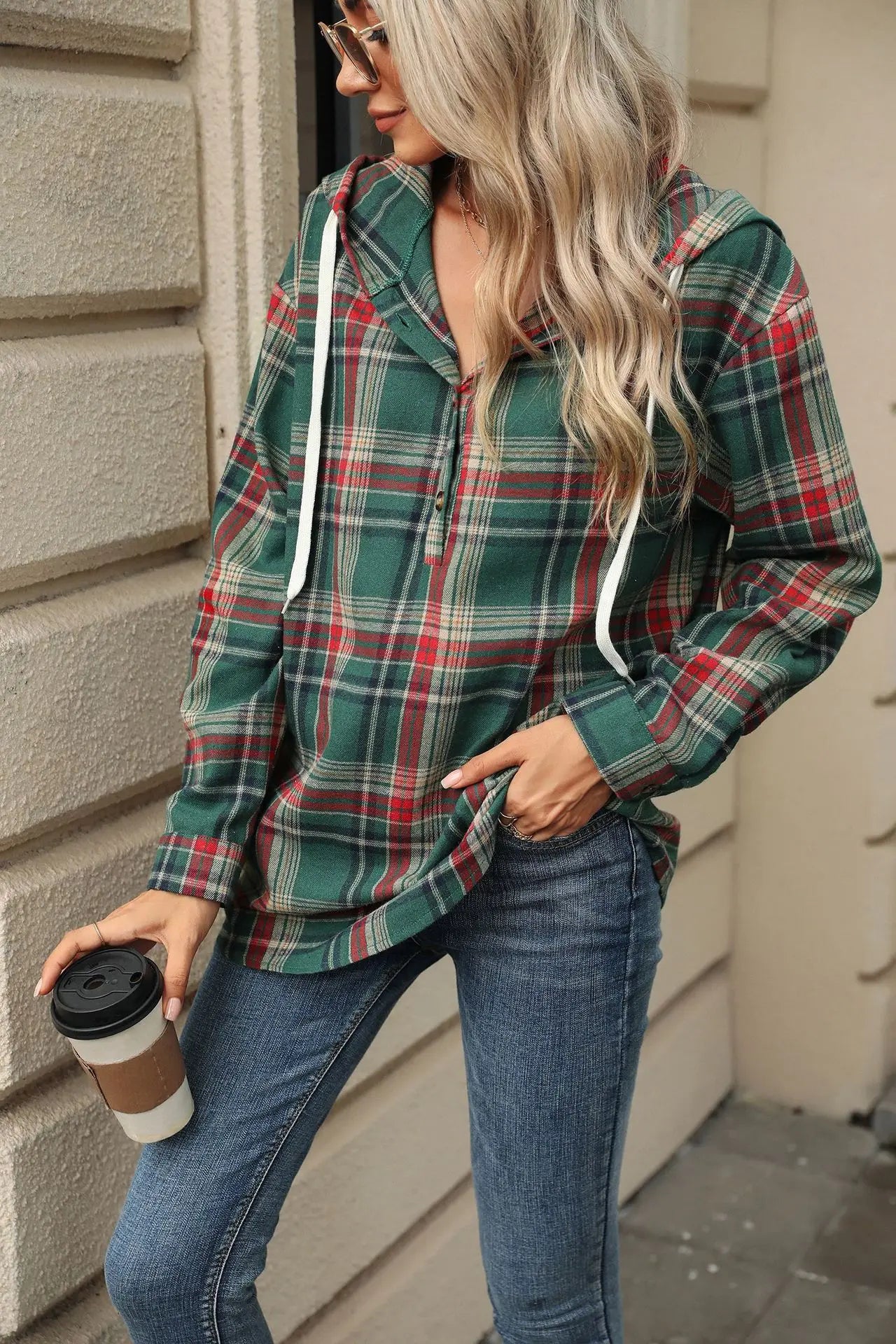 European and American Cross border Foreign Trade 2024 Autumn/Winter New Loose Long Sleeve Hooded Button Checkered Coat Hoodie fo