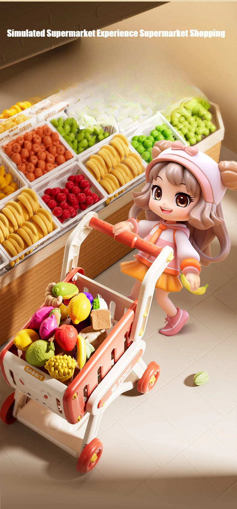 32pcs Shopping Cart Toy Set Kids Large Supermarket Trolley Role Playing Pretend Play Props Simulation Fruit Food Boys Girls Gift